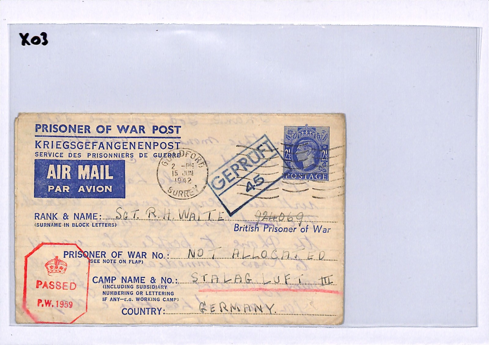 GB WW2 POW MAIL Cover *STALAG LUFT III* Guildford 1942 (GREAT ESCAPE CAMP) XO3 - Image 6