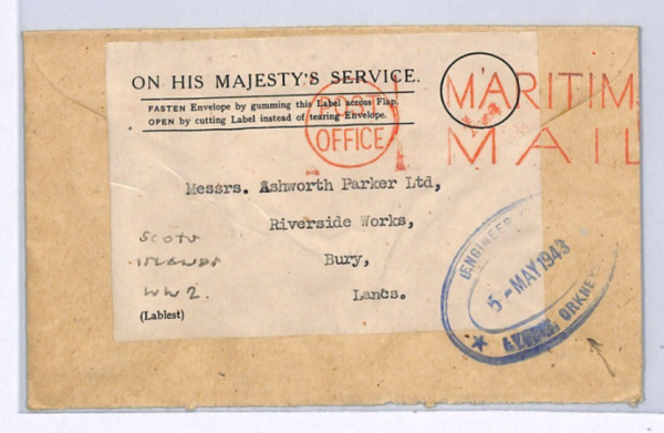 GB WW2 SCOTS ISLANDS Military Cover *ORKNEY* ENGINEER OVAL CACHET 1943 Bury XK21 - Image 3