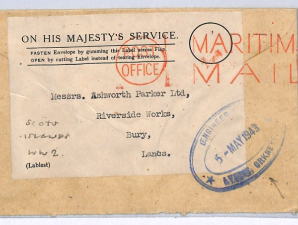 GB WW2 SCOTS ISLANDS Military Cover *ORKNEY* ENGINEER OVAL CACHET 1943 Bury XK21
