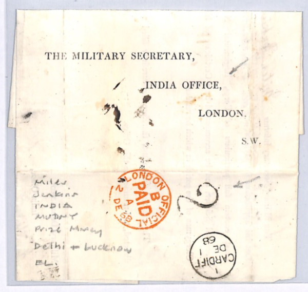 GB Wales Cover Cardiff INDIA MUTINY EL Prize Money 1868 London{samwells}XG92 - Image 3