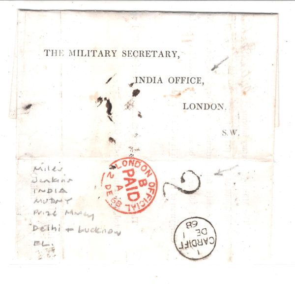 GB Wales Cover Cardiff INDIA MUTINY EL Prize Money 1868 London{samwells}XG92 - Image 7