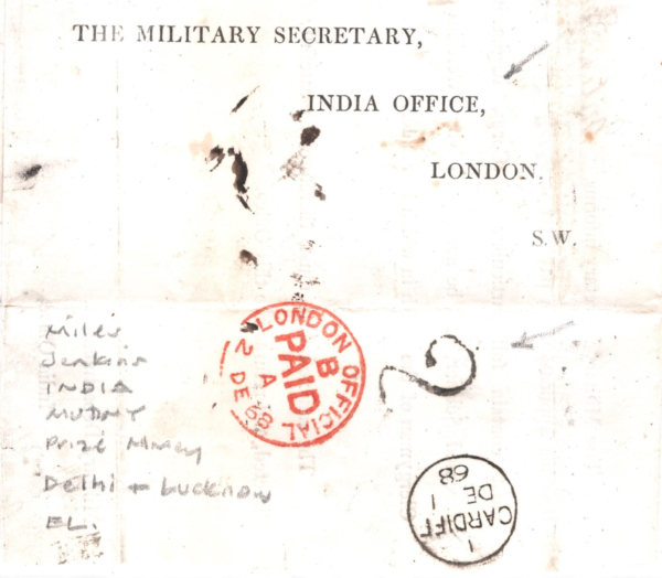 GB Wales Cover Cardiff INDIA MUTINY EL Prize Money 1868 London{samwells}XG92