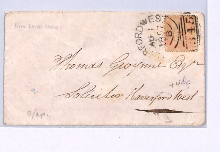 GB Wales Cover *DINAS CROSS* UDC Pembrokes Haverfordwest 1857 1d Red XK275 - Image 4