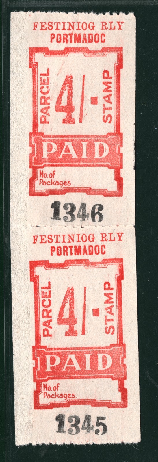 GB Wales FESTINIOG RAILWAY Parcel Stamp 4s *PORTMADOC* STATION Mint PAIR MNH VB7