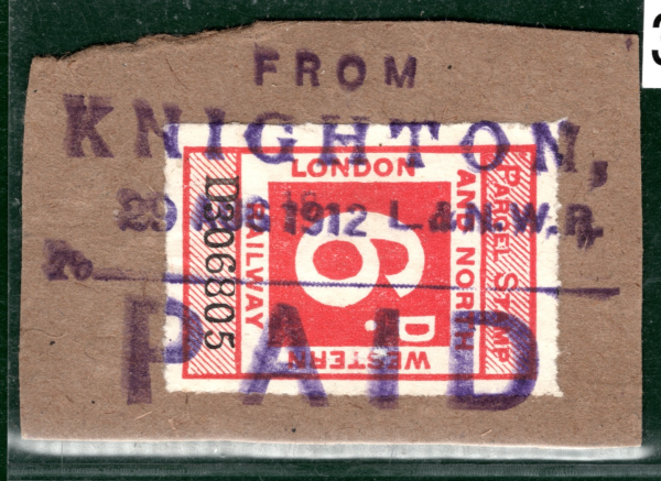 GB Wales LNWR Railway 6d Parcel Stamp *KNIGHTON* STATION 1912 Piece 2WHITE34 - Image 3