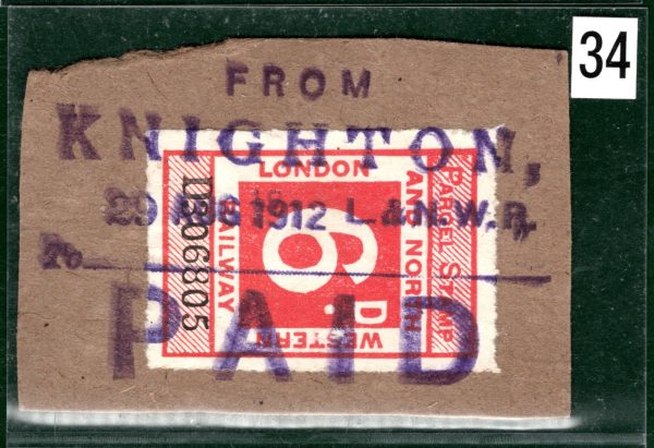 GB Wales LNWR Railway 6d Parcel Stamp *KNIGHTON* STATION 1912 Piece 2WHITE34 - Image 5