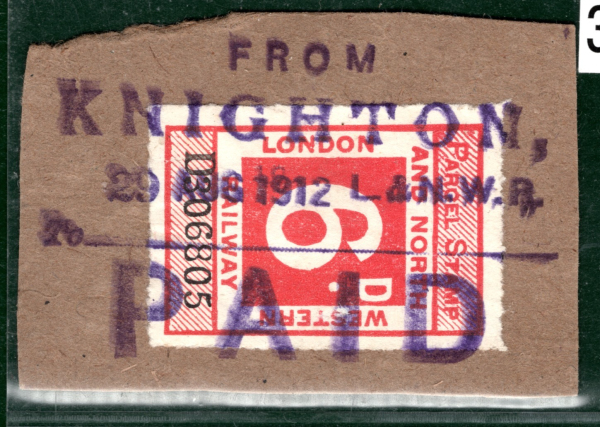 GB Wales LNWR Railway 6d Parcel Stamp *KNIGHTON* STATION 1912 Piece 2WHITE34 - Image 7