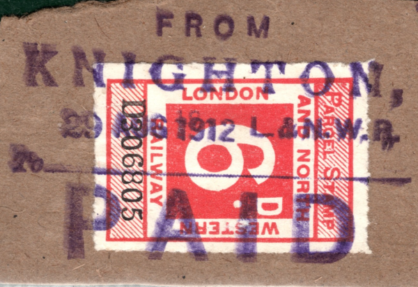GB Wales LNWR Railway 6d Parcel Stamp *KNIGHTON* STATION 1912 Piece 2WHITE34