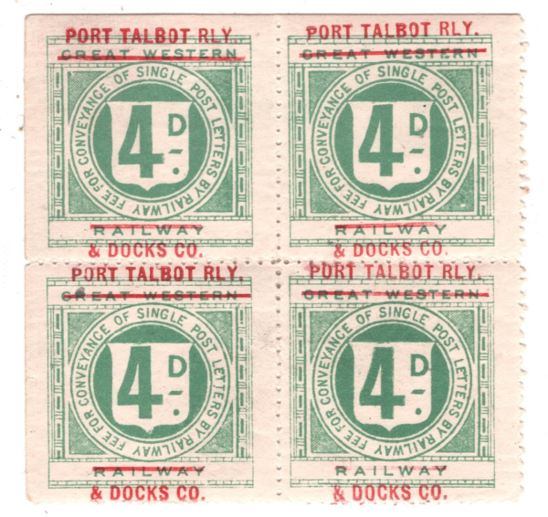 GB Wales PORT TALBOT & DOCKS RAILWAY Letter Stamp 4d Block{4} GWR Mint MM RS45