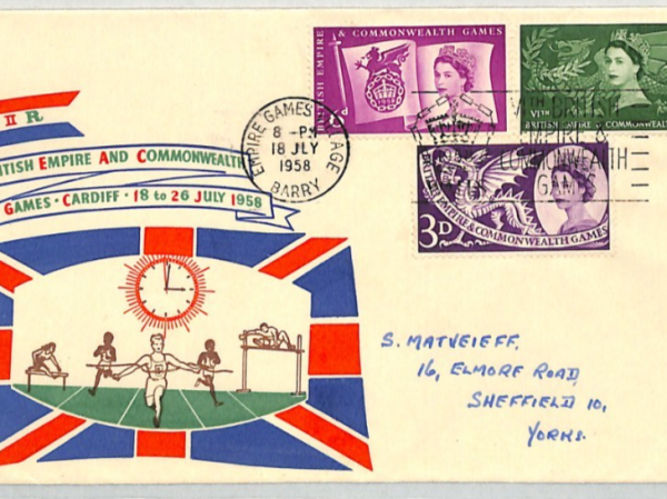 GB Wales QEII 1957 FDC Commonwealth Games *BARRY* Slogan ILLUSTRATED Sport XE191
