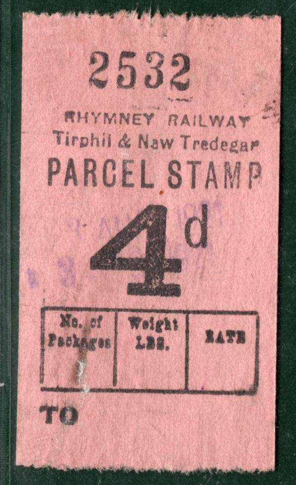 GB Wales RHYMNEY RAILWAY Parcel Stamp 4d *TIRPHIL & NEW TREDEGAR* Used SILVER11