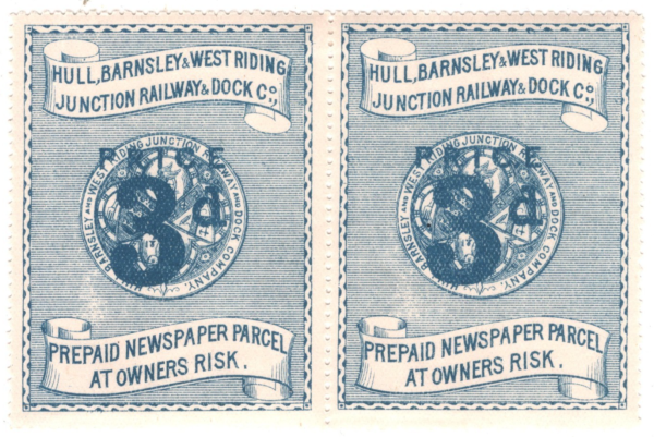 GB Yorks HULL BARNSLEY & WR JCT RAILWAY & DOCK Newspaper Stamp 3d Pair Mint RS54