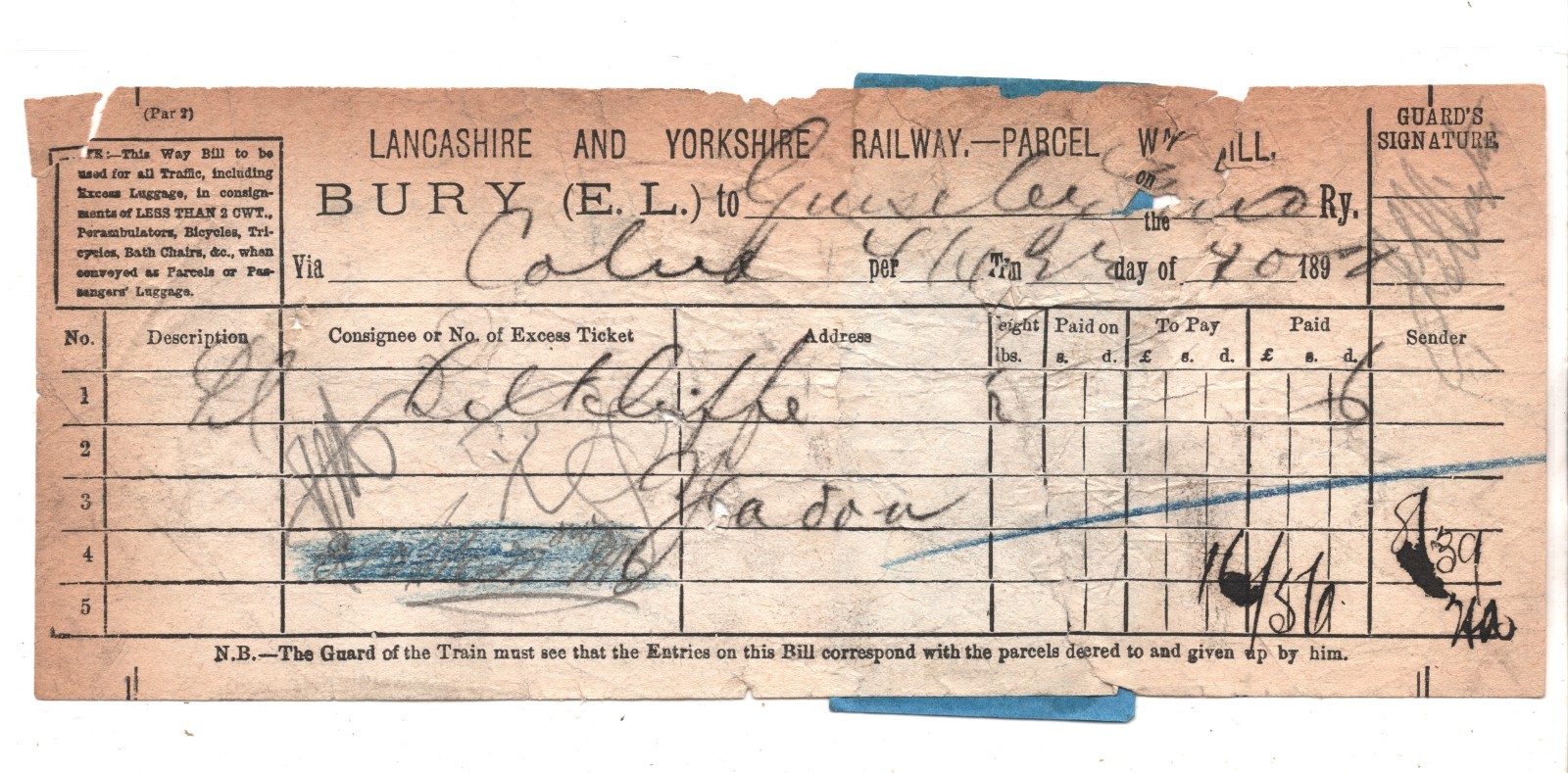 GB Yorks MIDLAND RAILWAY Paid *APPERLEY BRIDGE* Parcel Stamp 1896 Way Bill RS73 - Image 4