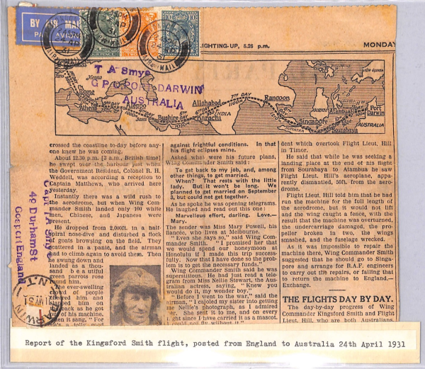 GB/AUSTRALIA Air Mail 1931 *KINGSFORD SMITH FLIGHT* Newspaper Report Flown WT6