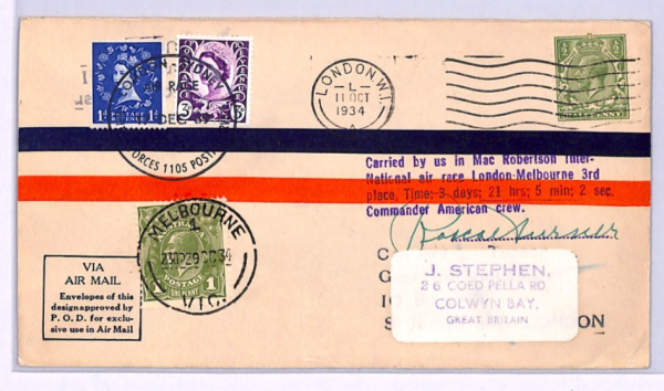 GB/AUSTRALIA Air Mail Cover 1934 & 1969 London-Sydney/Melbourne AIR RACES XA9