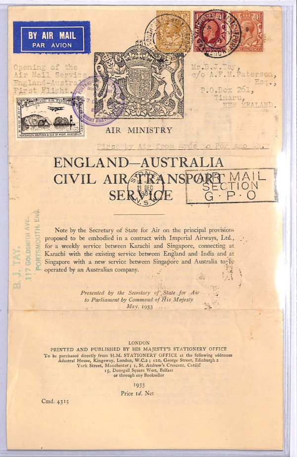 GB/AUSTRALIA Notice *IOW* Air  Stamp FIRST FLIGHT KGV Cover 1934 New Zealand WT3 - Image 3