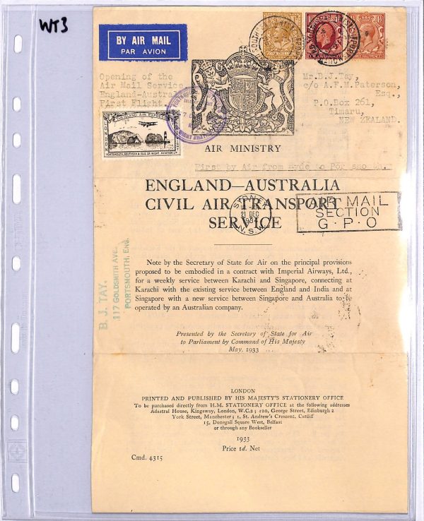 GB/AUSTRALIA Notice *IOW* Air  Stamp FIRST FLIGHT KGV Cover 1934 New Zealand WT3 - Image 5