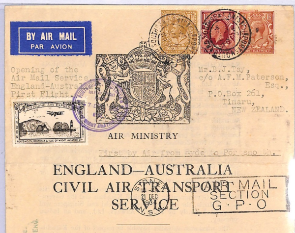 GB/AUSTRALIA Notice *IOW* Air  Stamp FIRST FLIGHT KGV Cover 1934 New Zealand WT3