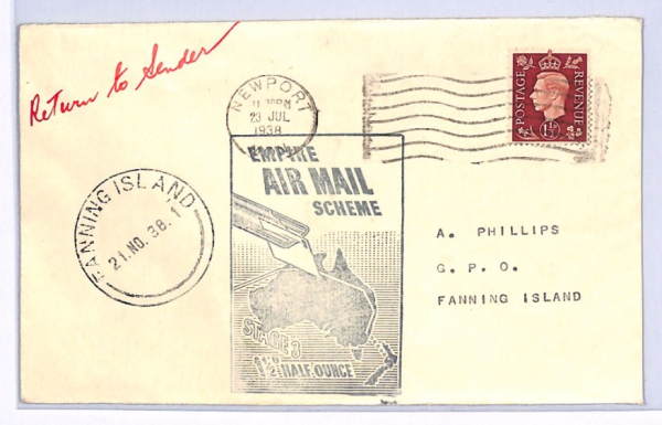 GB/*FANNING ISLAND* Cover GILBERT ELLICE 1938 KGVI Empire Air Mail Scheme XF220 - Image 4