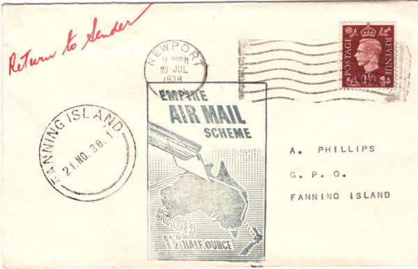 GB/*FANNING ISLAND* Cover GILBERT ELLICE 1938 KGVI Empire Air Mail Scheme XF220 - Image 9