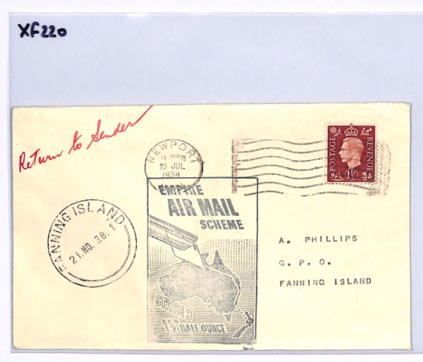GB/*FANNING ISLAND* Cover GILBERT ELLICE 1938 KGVI Empire Air Mail Scheme XF220 - Image 10