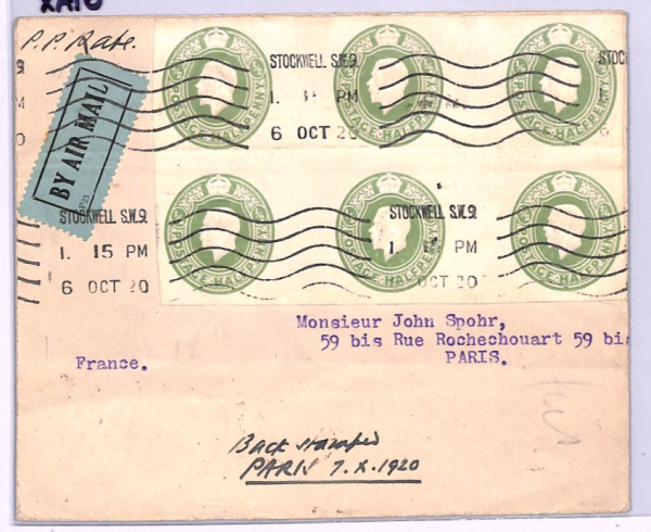 GB/FRANCE Early Air Mail Cover 1920 Stockwell Paris Stationery STO BLOCK{6} XA10 - Image 3