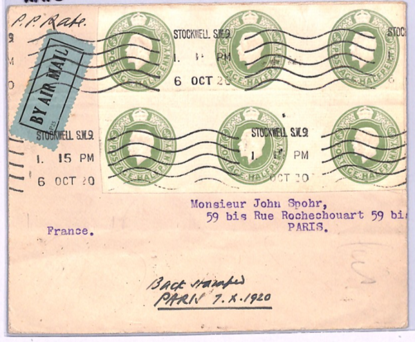 GB/FRANCE Early Air Mail Cover 1920 Stockwell Paris Stationery STO BLOCK{6} XA10 - Image 6