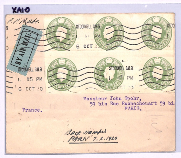 GB/FRANCE Early Air Mail Cover 1920 Stockwell Paris Stationery STO BLOCK{6} XA10 - Image 7