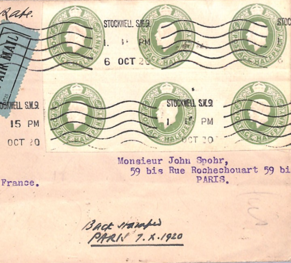GB/FRANCE Early Air Mail Cover 1920 Stockwell Paris Stationery STO BLOCK{6} XA10