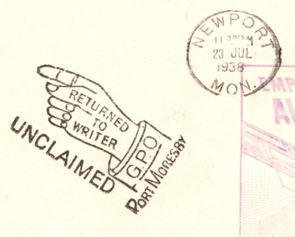 GB/PAPUA Cover EMPIRE AIR SCHEME 1938 *POINTING HAND/Port Moresby* Retour XF216