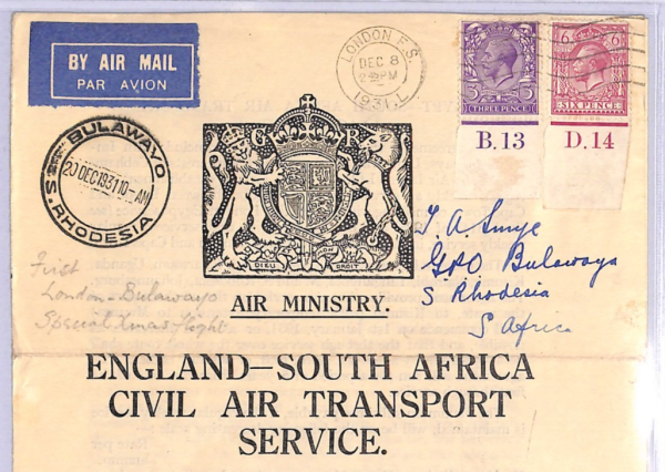 GB/RHODESIA Air Mail FIRST FLIGHT *MINISTRY NOTICE* Flown 1934 KGV Controls WT4 - Image 3