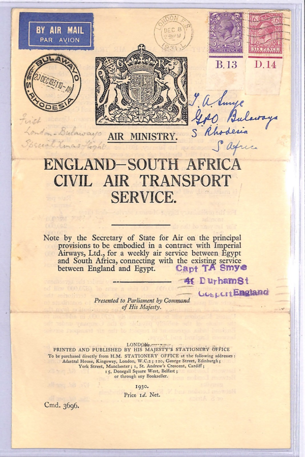 GB/RHODESIA Air Mail FIRST FLIGHT *MINISTRY NOTICE* Flown 1934 KGV Controls WT4 - Image 4
