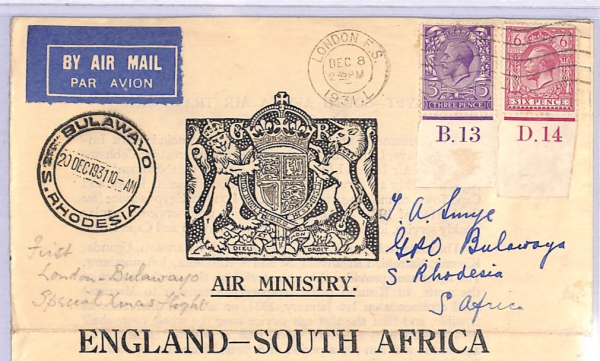 GB/RHODESIA Air Mail FIRST FLIGHT *MINISTRY NOTICE* Flown 1934 KGV Controls WT4 - Image 6