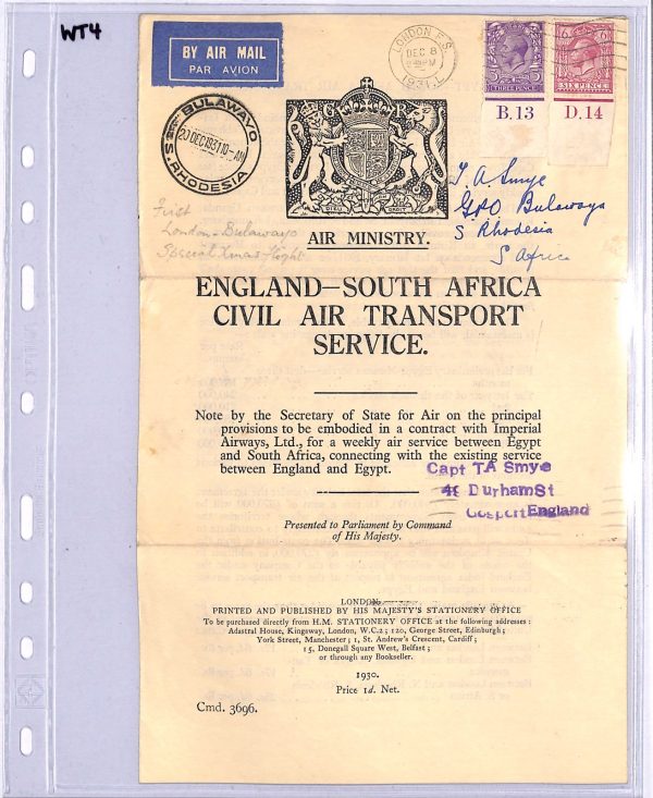 GB/RHODESIA Air Mail FIRST FLIGHT *MINISTRY NOTICE* Flown 1934 KGV Controls WT4 - Image 7