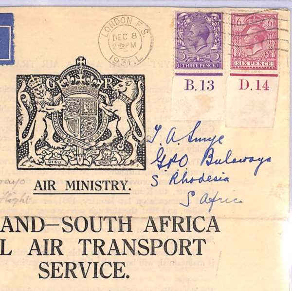 GB/RHODESIA Air Mail FIRST FLIGHT *MINISTRY NOTICE* Flown 1934 KGV Controls WT4
