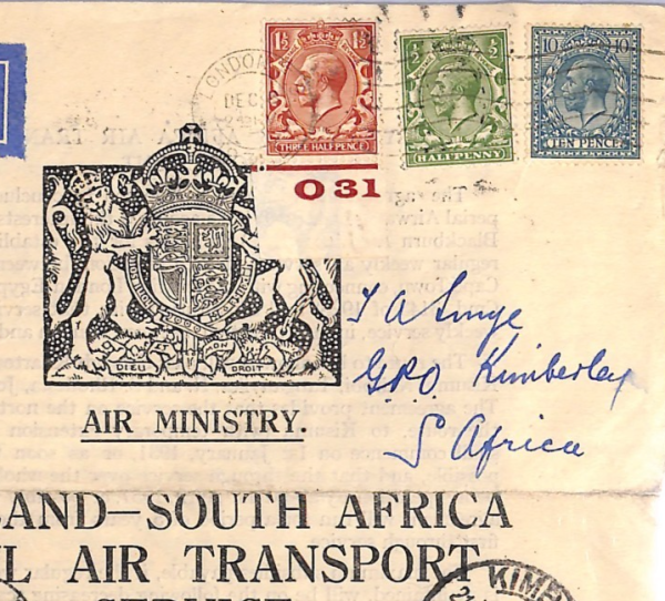 GB/SOUTH AFRICA Air Mail FIRST FLIGHT *MINISTRY NOTICE* Flown 1934 Kimberley WT5 - Image 3