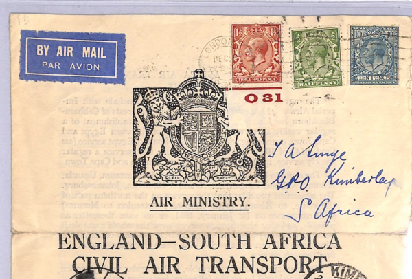 GB/SOUTH AFRICA Air Mail FIRST FLIGHT *MINISTRY NOTICE* Flown 1934 Kimberley WT5 - Image 4