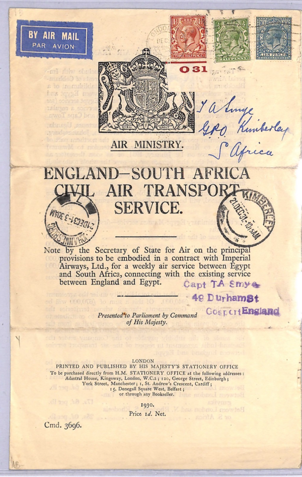GB/SOUTH AFRICA Air Mail FIRST FLIGHT *MINISTRY NOTICE* Flown 1934 Kimberley WT5 - Image 5