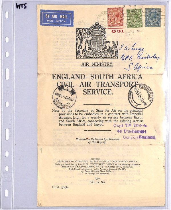 GB/SOUTH AFRICA Air Mail FIRST FLIGHT *MINISTRY NOTICE* Flown 1934 Kimberley WT5 - Image 7