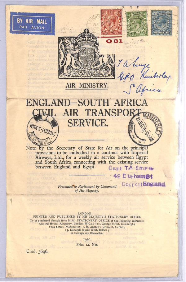 GB/SOUTH AFRICA Air Mail FIRST FLIGHT *MINISTRY NOTICE* Flown 1934 Kimberley WT5