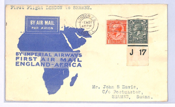 GB/SUDAN Air KGV 4d CONTROL *J17* Cover IMPERIAL FIRST FLIGHT 1931 Shambe XF113 - Image 4