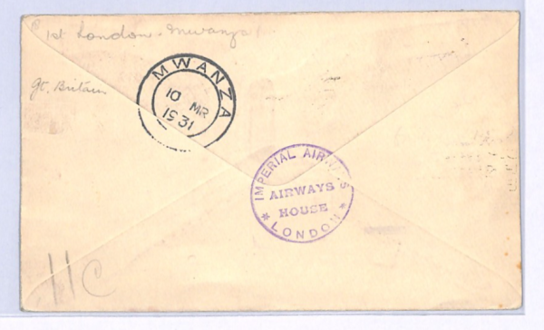 GB/TANGANYIKA Airmail KGV *CONTROL STRIP* Cover 1931 IMPERIAL FIRST FLIGHT XF121 - Image 5