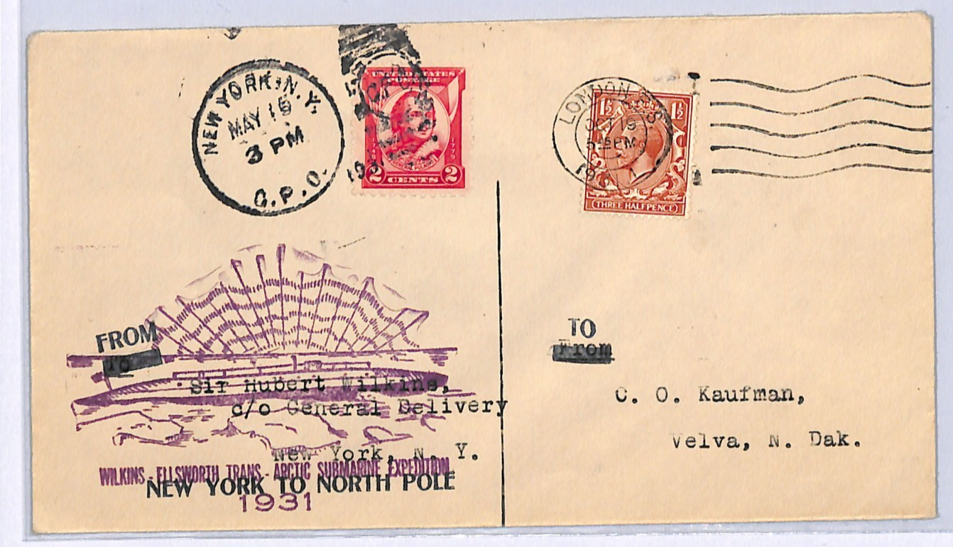 GB/USA ARCTIC SUBMARINE EXPEDITION 1931 Cover MIXED FRANKING NY-North Pole UG99 - Image 3