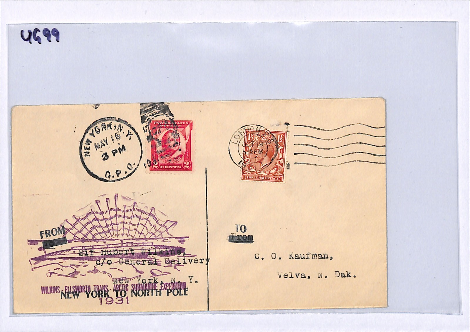 GB/USA ARCTIC SUBMARINE EXPEDITION 1931 Cover MIXED FRANKING NY-North Pole UG99 - Image 7