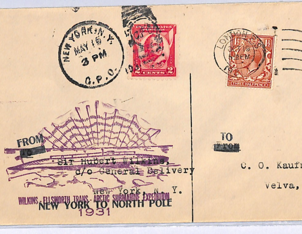 GB/USA ARCTIC SUBMARINE EXPEDITION 1931 Cover MIXED FRANKING NY-North Pole UG99