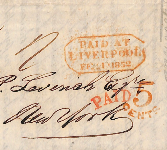 GB/USA TRANSATLANTIC Cover 1857 Letter Red *PAID AT LIVERPOOL* Lozenge UG234