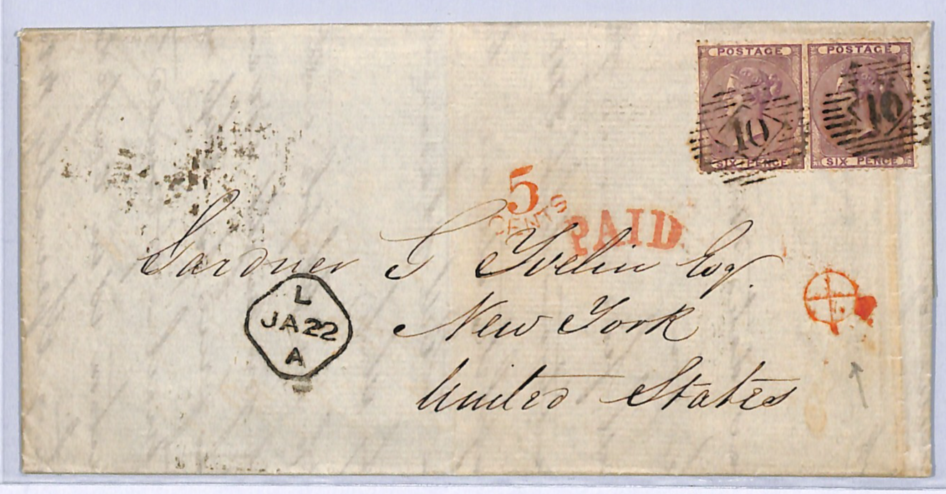 GB/USA TRANSATLANTIC Cover Underpaid? London EL New York 1859 6d Pair WA6 - Image 3