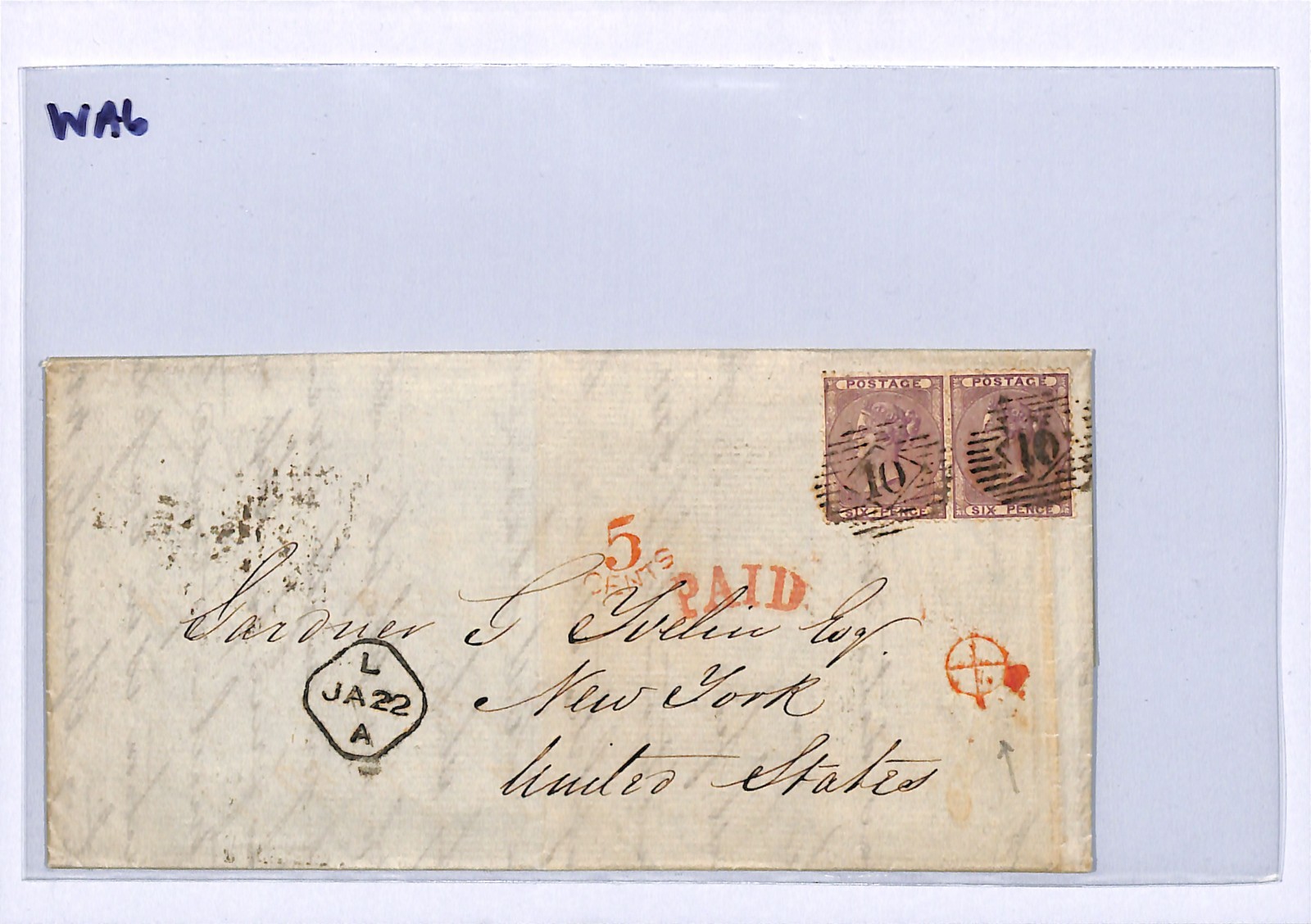 GB/USA TRANSATLANTIC Cover Underpaid? London EL New York 1859 6d Pair WA6 - Image 6