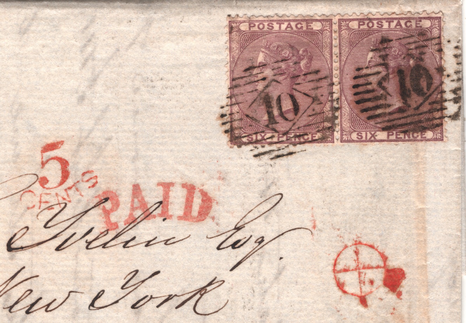 GB/USA TRANSATLANTIC Cover Underpaid? London EL New York 1859 6d Pair WA6 - Image 8