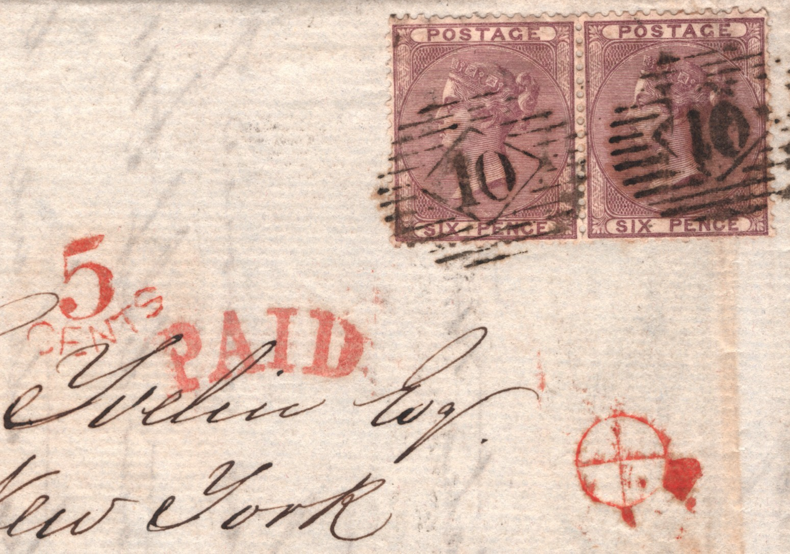 GB/USA TRANSATLANTIC Cover Underpaid? London EL New York 1859 6d Pair WA6